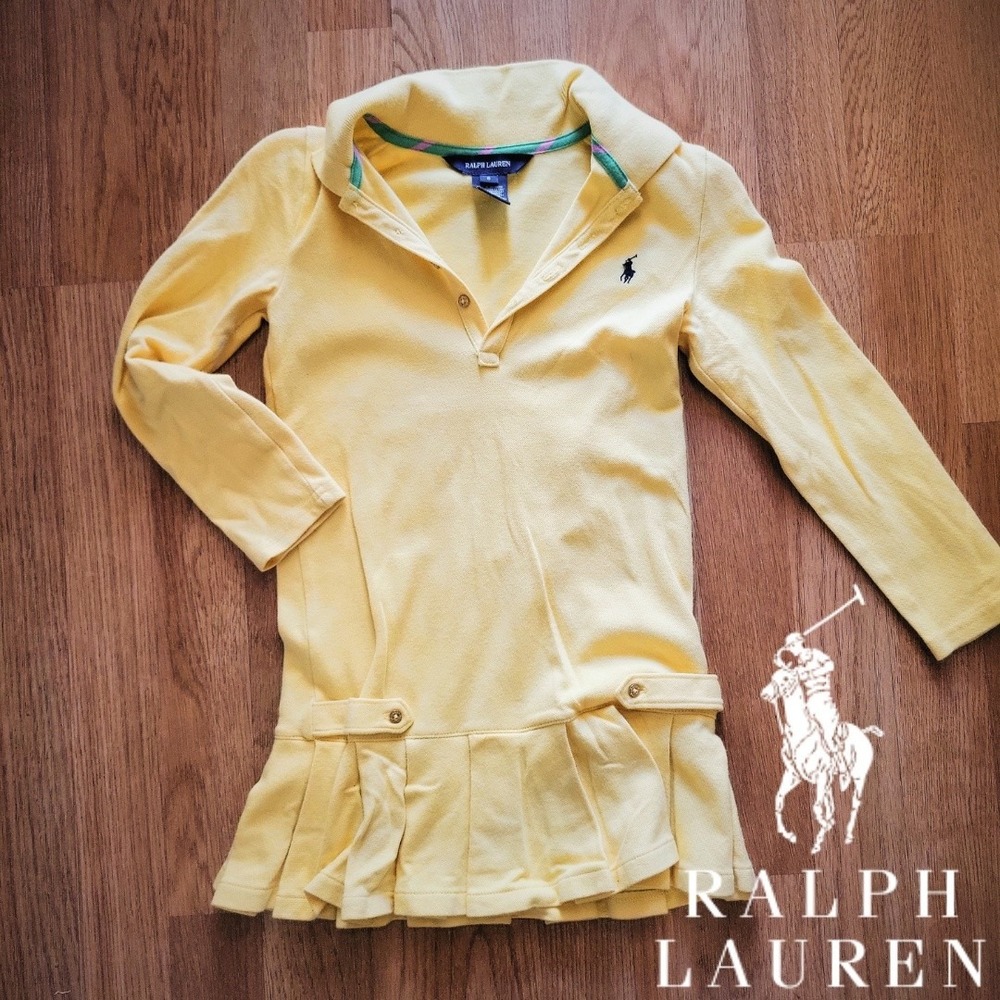 Ralph Lauren Kids Polo Dress Girls Yellow Collar Pleated Hem Logo Long Sleeve 6